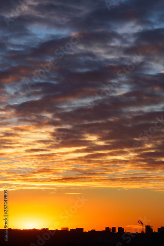 Cityscape with sunset, cirrus clouds and buildings. Vertical view © Zarifa