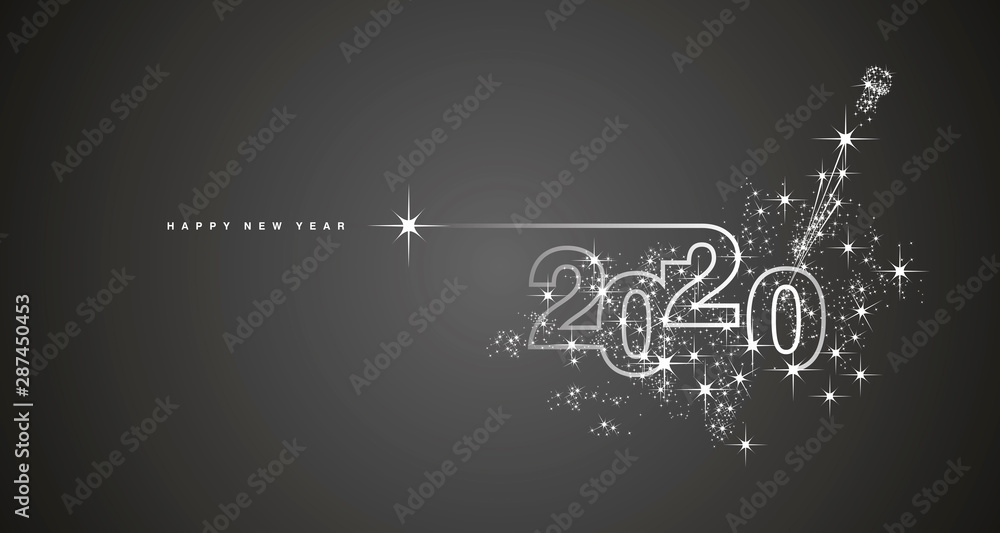 Plakat Nowy rok 2020 linii projekt fajerwerk szampana biały czarny wektor