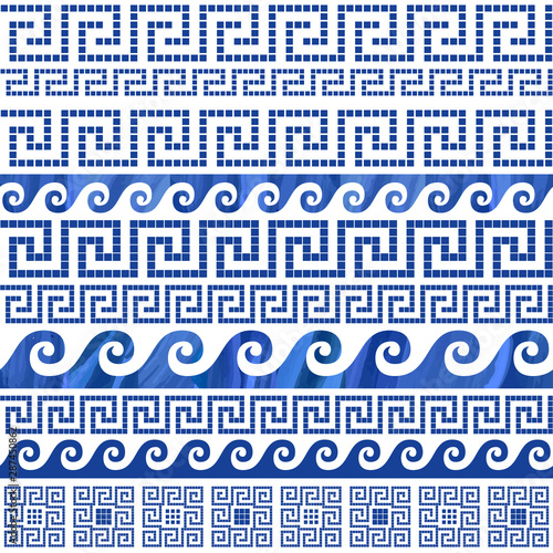 Dark blue Greek meander ornaments on a white background. Baroque silk textile seamless pattern print, Batik ethnic ornament, wallpaper, wrapping paper. There are 6 pattern brushes in the palette