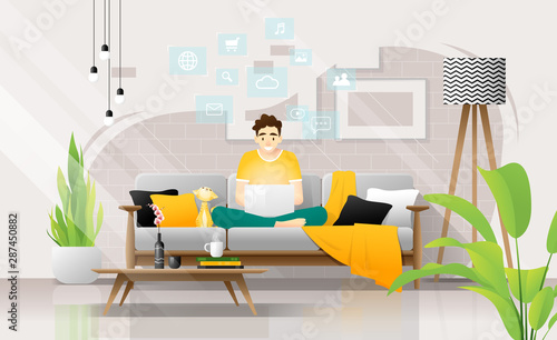 Happy young man sitting on sofa with laptop in living room, working at home ,vector , illustration