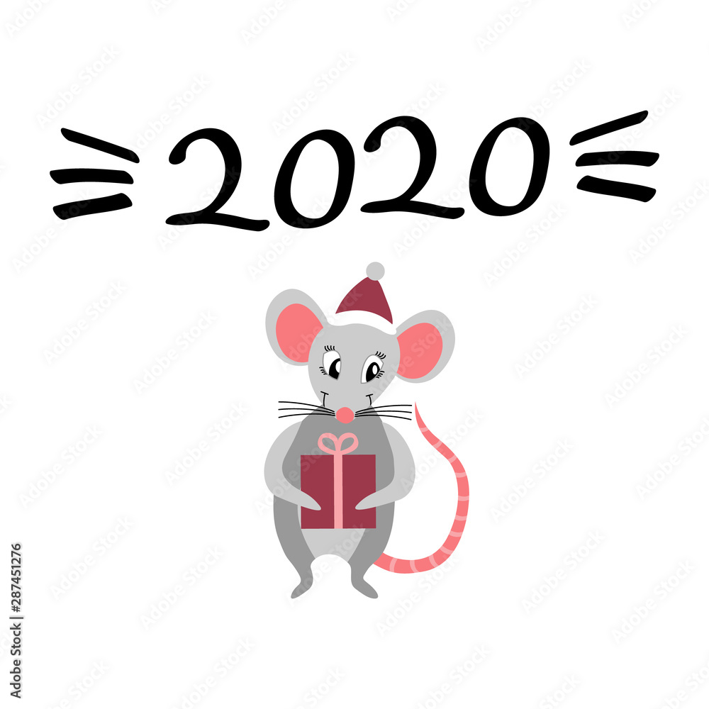 Cute cartoon rat with New Year present and lettering. 2020 greeting card with mascot. Flat vector illustartion. Cute cartoon rat with New Year present and lettering. 2020 greeting card with mascot. Flat vector illustartion.