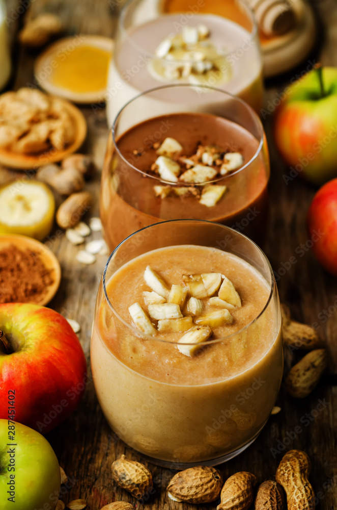 peanut butter smoothie with milk, chocolate, apples, banana and oats peanut butter smoothie with milk, chocolate, apples, banana and oats