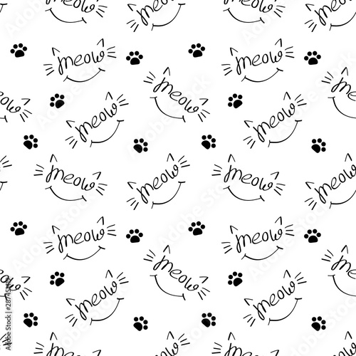 Canvas Print Seamless pattern with meow lettering with cat whiskers, ears and smile