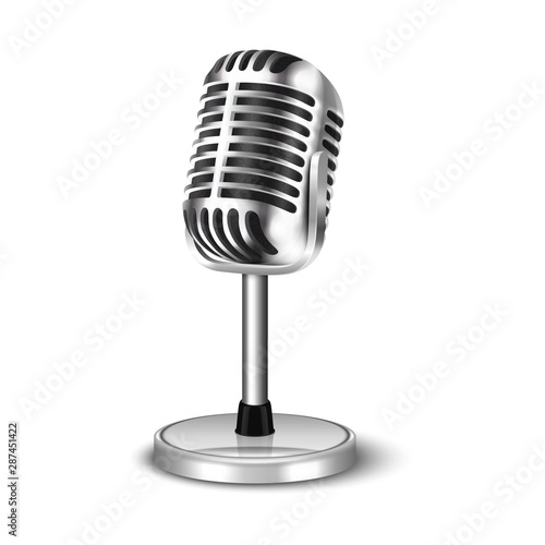 Vector 3d Realistic Steel Retro Concert Vocal Microphone with Stand Icon Closeup Isolated on White Background. Design Template of Vintage Karaoke Metal Mic. Front view
