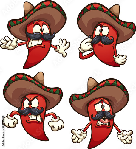 Mexican red chili pepper in different poses clip art. Vector illustration with simple gradients. Each on a separate layer. 