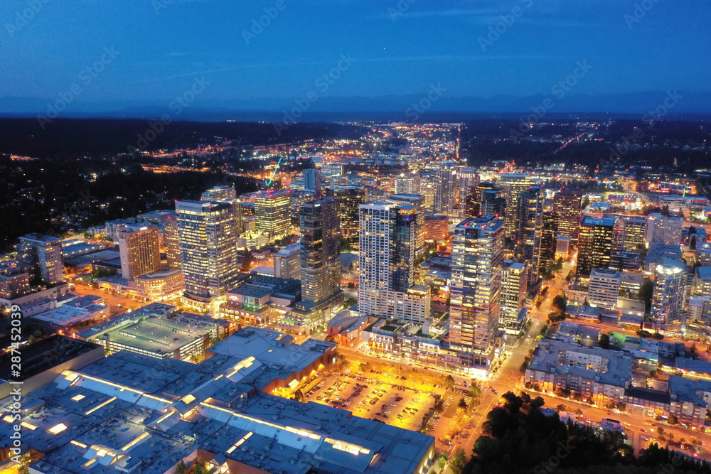 Drone shot of the city of Bellevue from above