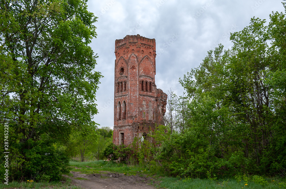The corner tower of the palace of the Znamenskoye estate, Veshalovka village, Lipetsk district, Lipetsk Region, Russian Federation