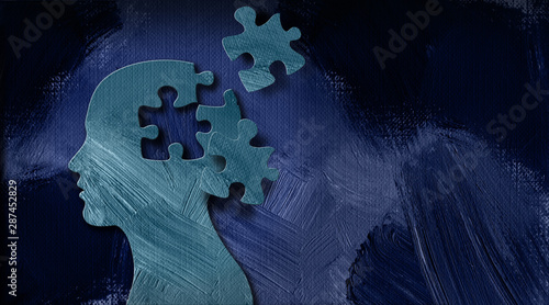 Graphic abstract of dysfunctional mind with iconic puzzle pieces background