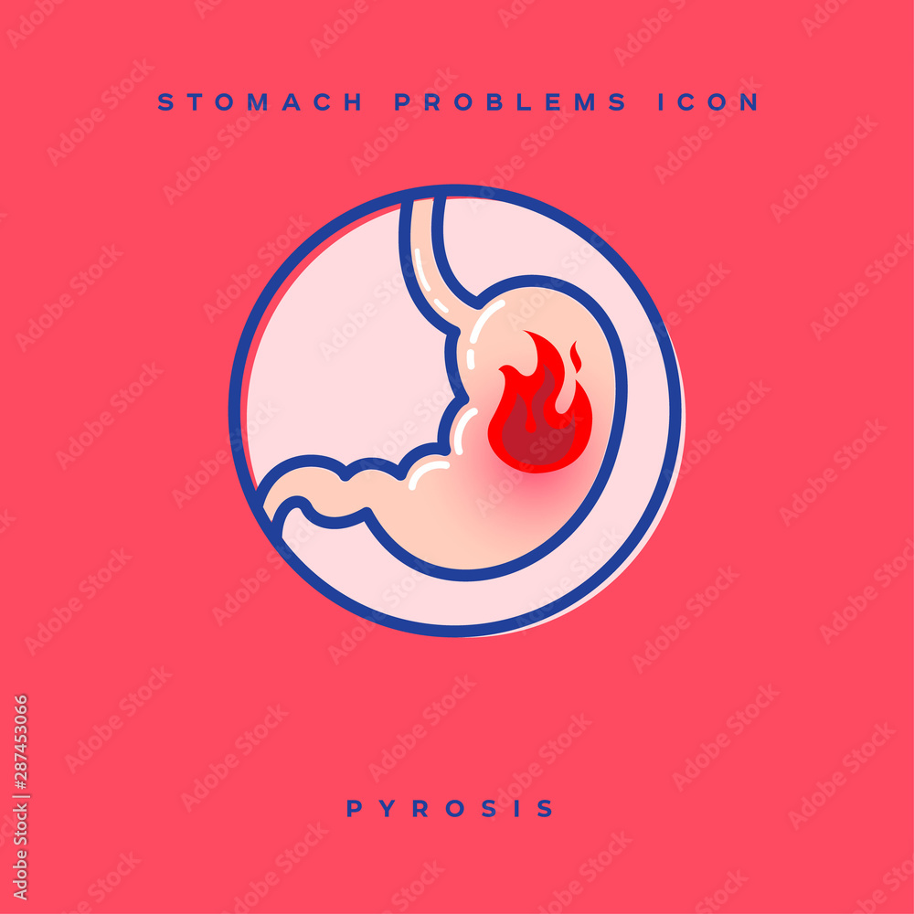 Stomach problem icon. Stomach heartburn, pyrosis. Linear icons in a ...