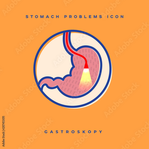 Stomach problem icon. Stomach gastroscopy study. Linear icons in a circle. Medicine pictures.