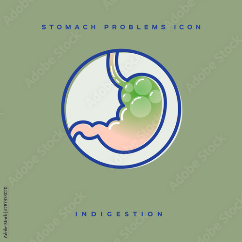 Stomach problem icon. Stomach indigestion emblem. Linear icons in a circle. Medicine pictures.
