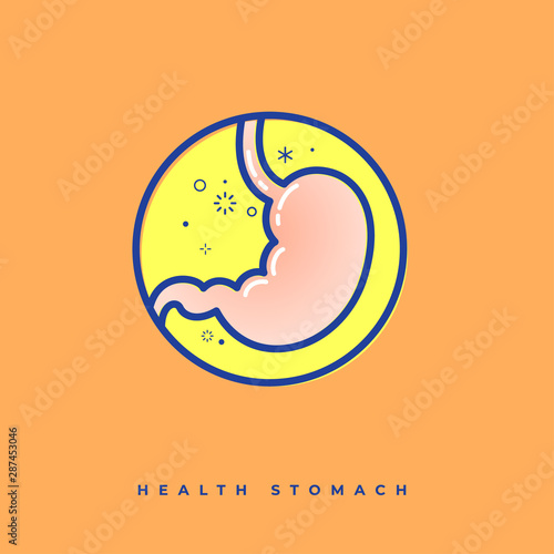 Stomach health icon. Happy stomach. Linear icons in a circle. Medicine pictures.