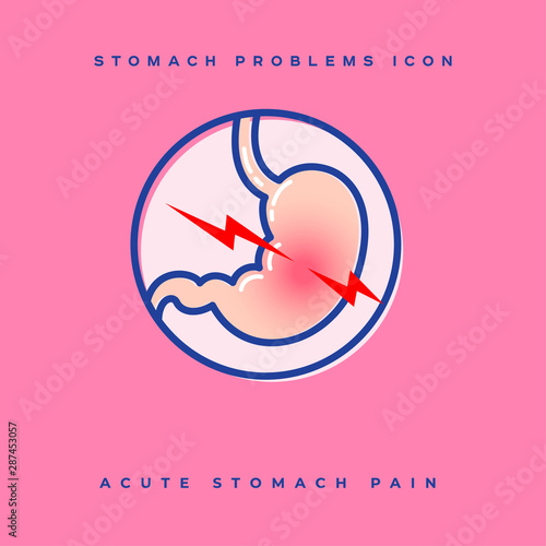 Stomach problem icon. Stomach acute pain. Linear icons in a circle. Medicine pictures.