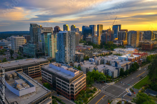 Drone shot of the city of Bellevue from above