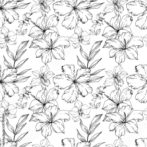 Vector Tropical flowers and leaves isolated. Black and white engraved ink art. Seamless background pattern.