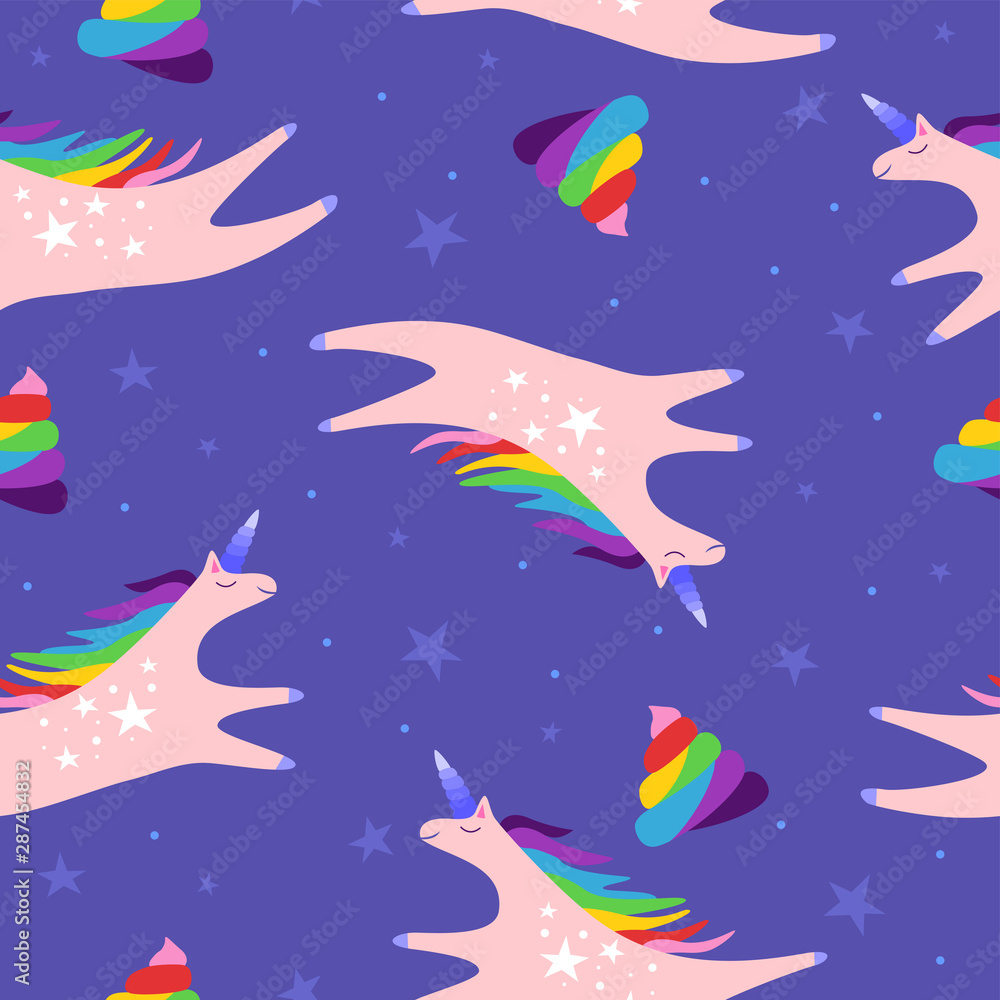Unicorns seamless vector pattern. Turd unicorn seamless pattern. Shit color ornament rainbow. Magic turd ornament. Rainbow fable poop