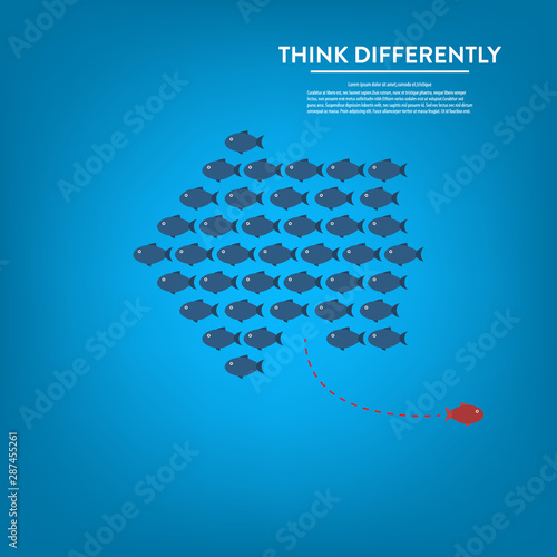 Think differently -One red unique different fish swimming opposite way of identical blue ones.