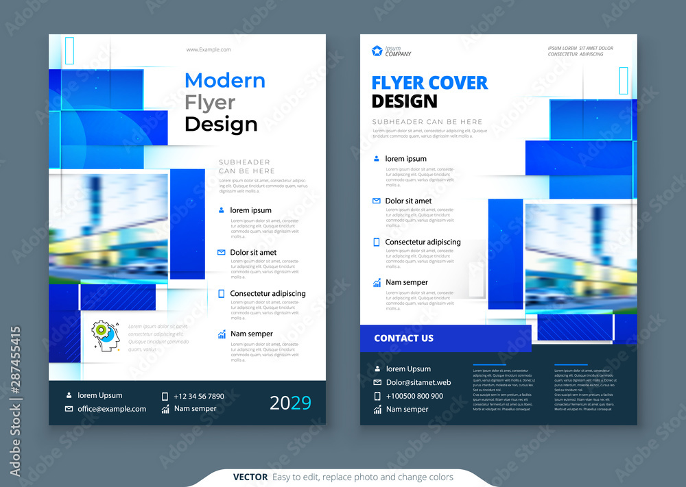 Blue Flyer Template Layout Design. Corporate Business Flyer, Brochure, Annual Report, Catalog, Magazine Mockup. Creative Modern Bright Flyer Concept with Square Shapes