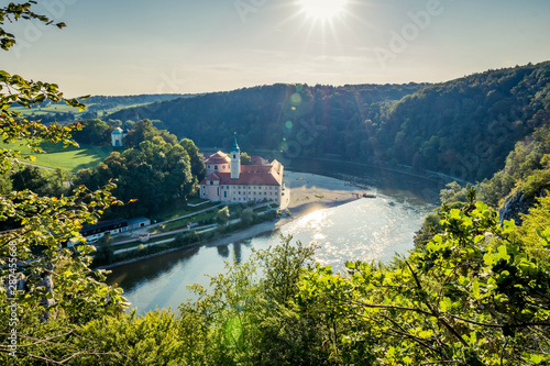 Aerial view on Weltenburg Abbey - Kloster Weltenburg. This landmark is a Benedictine monastery in Weltenburg in Kelheim on the Danube in Bavaria, Germany.