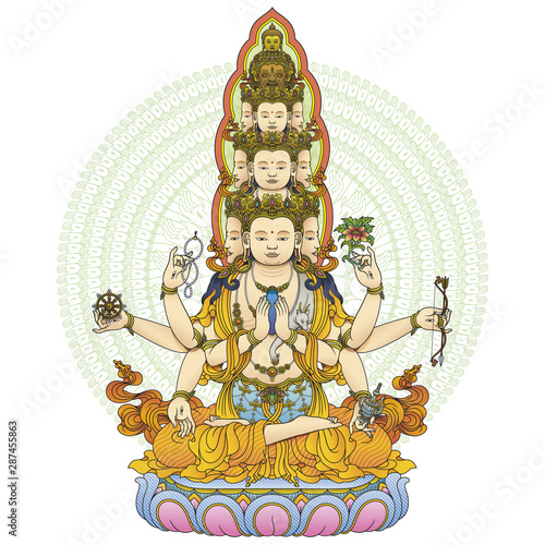Thousand hands god Guanyin color vector illustration