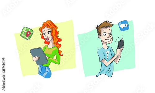 young people use gadgets phone tablet correspond or communicate