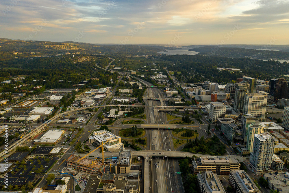Drone shot of the city of Bellevue from above