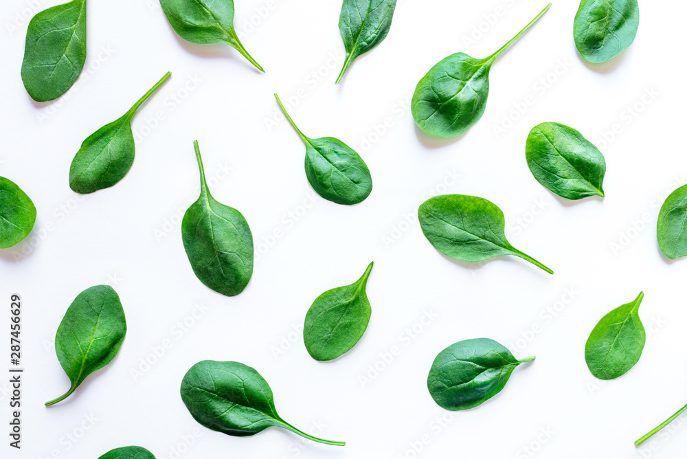Beautiful pattern of fresh spinach leaves on white background. Flat lay. Beautiful pattern of fresh spinach leaves on white background. Flat lay.