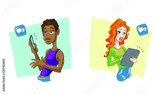 young people use gadgets phone tablet correspond or communicate