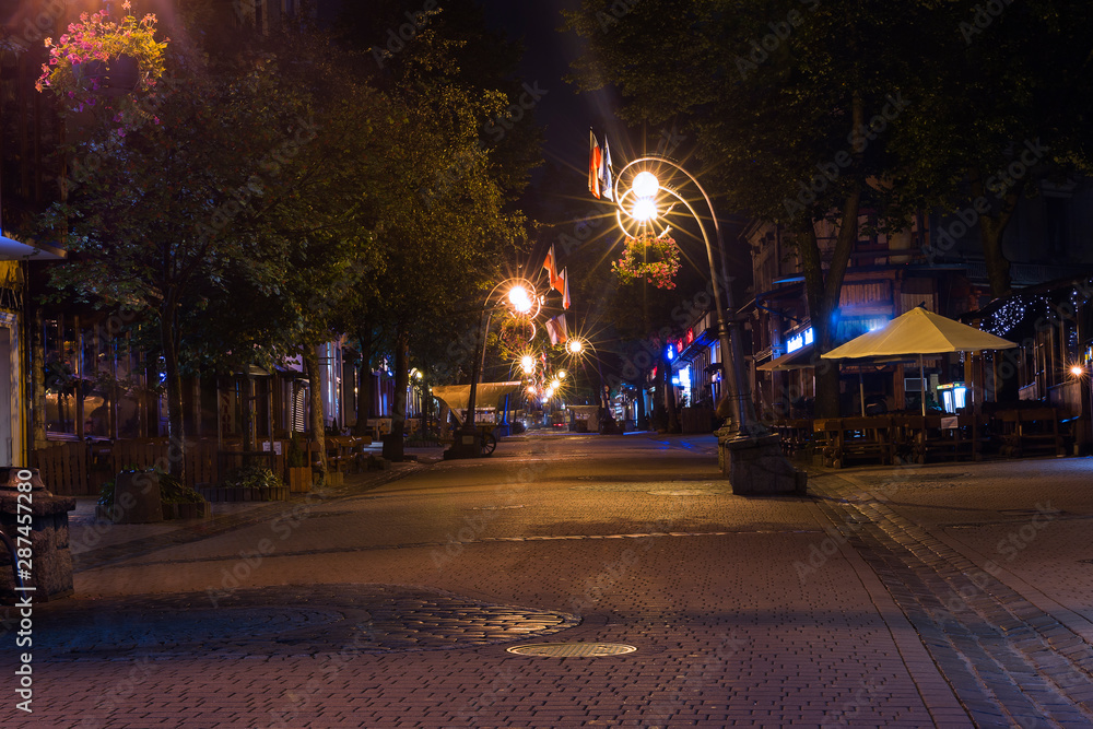 The central street of Krupovka in Zakopane at sunrise. While tourists are sleeping