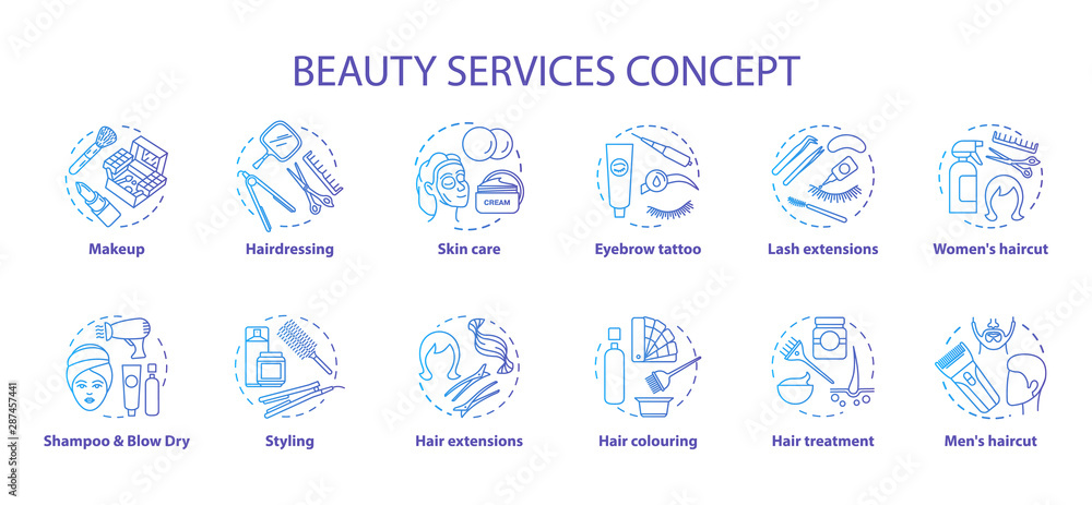 Beauty services concept icons set. Beauty salon, SPA skin care procedures idea thin line illustrations. Hairdresser and makeup. Blue gradient vector isolated outline drawings. Editable stroke
