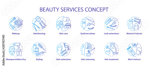 Beauty services concept icons set. Beauty salon, SPA skin care procedures idea thin line illustrations. Hairdresser and makeup. Blue gradient vector isolated outline drawings. Editable stroke