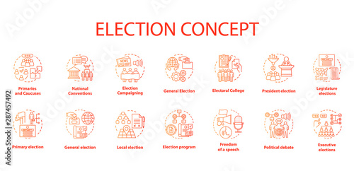 Election concept icons set. Political campaign and propaganda idea thin line illustrations. President elections. Public opinion and voting. Vector isolated outline drawings. Editable stroke