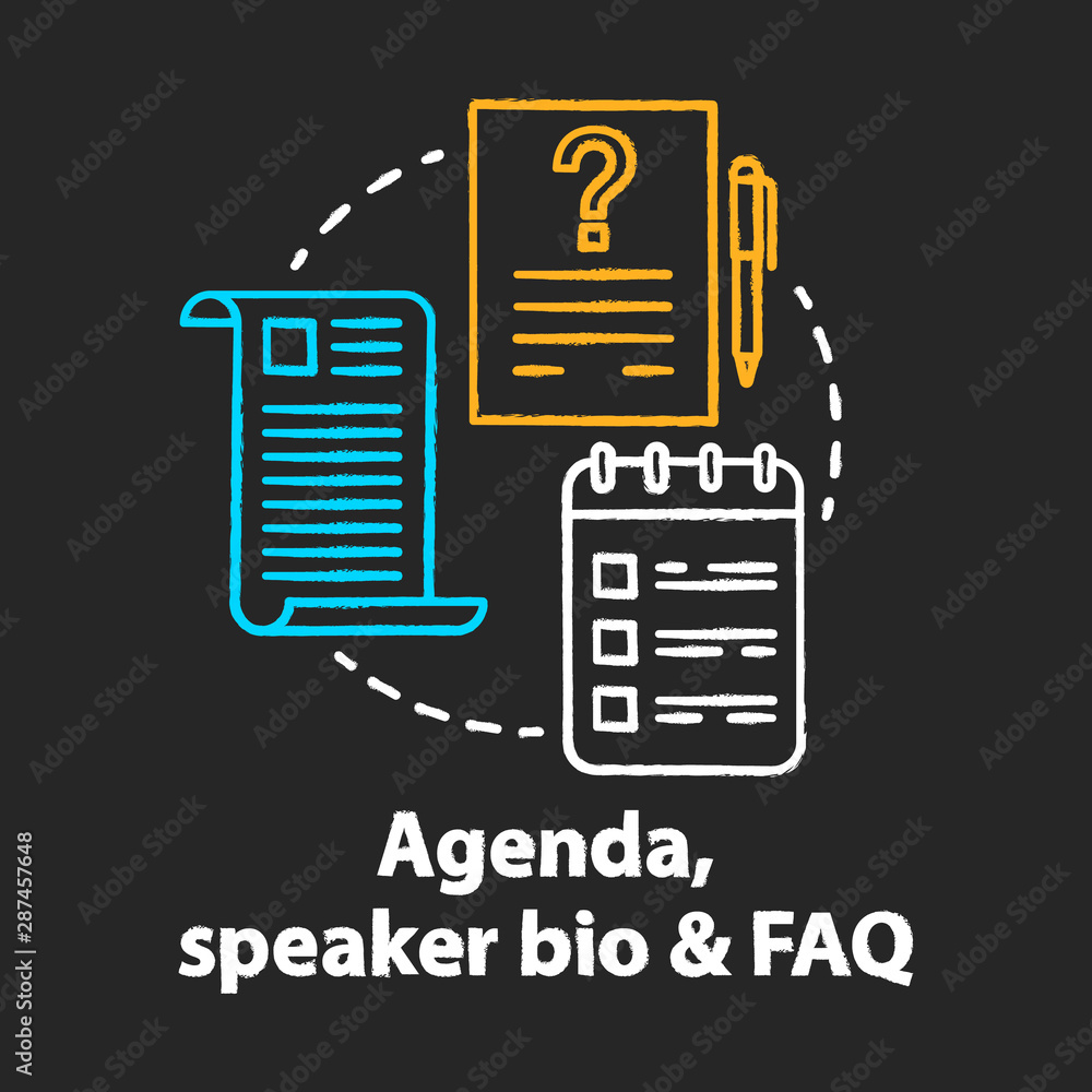 Agenda, speaker bio & FAQ chalk concept icon. Conference, appointment planning idea. Planner, reminder. Documents, notes and checklists. Vector isolated chalkboard illustration Agenda, speaker bio & FAQ chalk concept icon. Conference, appointment planning idea. Planner, reminder. Documents, notes and checklists. Vector isolated chalkboard illustration
