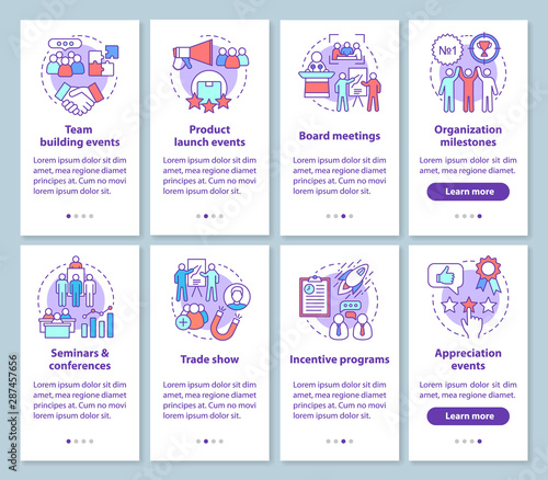 Corporate events management onboarding mobile app page screen with linear concepts. Company special events planner walkthrough steps graphic instructions. UX, UI, GUI vector template with illustration