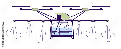 Agricultural irrigation drone flat vector illustration. Cartoon crop sprayer quadcopter with outline. Automated watering copter. Farming UAV isolated design element on white background