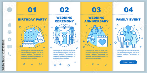 Event management & planning services onboarding mobile web pages vector template. Birthday party, wedding ceremony. Responsive smartphone website interface idea with linear illustrations