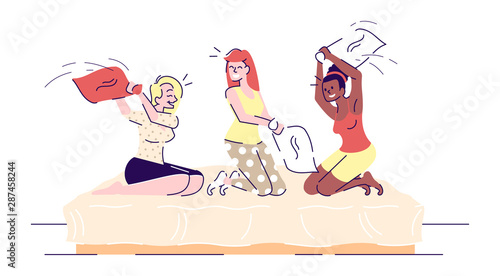 Girls pillow fighting flat vector illustrations. Female friends sitting on bed having pajama party. Sisters, siblings playing in bedroom cartoon characters with outline elements on white background