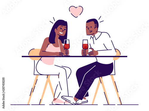 Romance evening flat vector illustrations. Young couple drinking wine in cafe, restaurant, Boy, girl chatting, flirting isolated cartoon characters with outline elements on white background