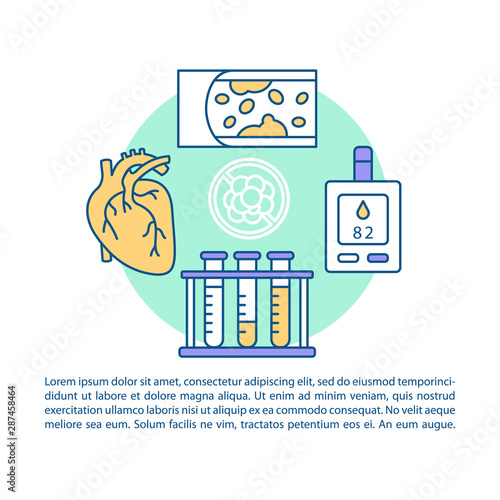 Cholesterol test article page vector template. Brochure, magazine, booklet design element with linear icons, text boxes. Laboratory diagnostics. Print design. Concept illustrations with text space