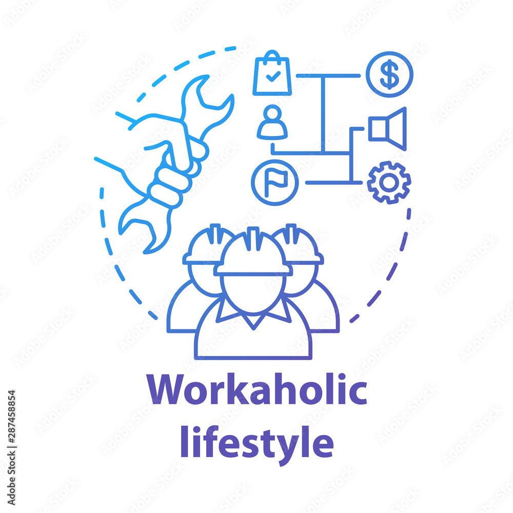 Workaholic lifestyle blue concept icon. Ergomaniac idea thin line illustration. Work addiction, obsessive disorder. Working overtime, behind schedule vector isolated outline drawing. Editable stroke Workaholic lifestyle blue concept icon. Ergomaniac idea thin line illustration. Work addiction, obsessive disorder. Working overtime, behind schedule vector isolated outline drawing. Editable stroke