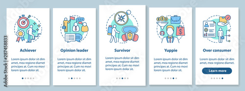 Lifestyle types used in marketing onboarding mobile app page screen with linear concepts. Achiever, survivor, yuppie walkthrough steps graphic instructions. UX, UI, GUI vector template with icons