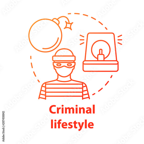 Criminal lifestyle red concept icon. Committing crime idea thin line illustration. Terrorist with bomb. Robber, housebreaker. Terrorism attack. Vector isolated outline drawing. Editable stroke