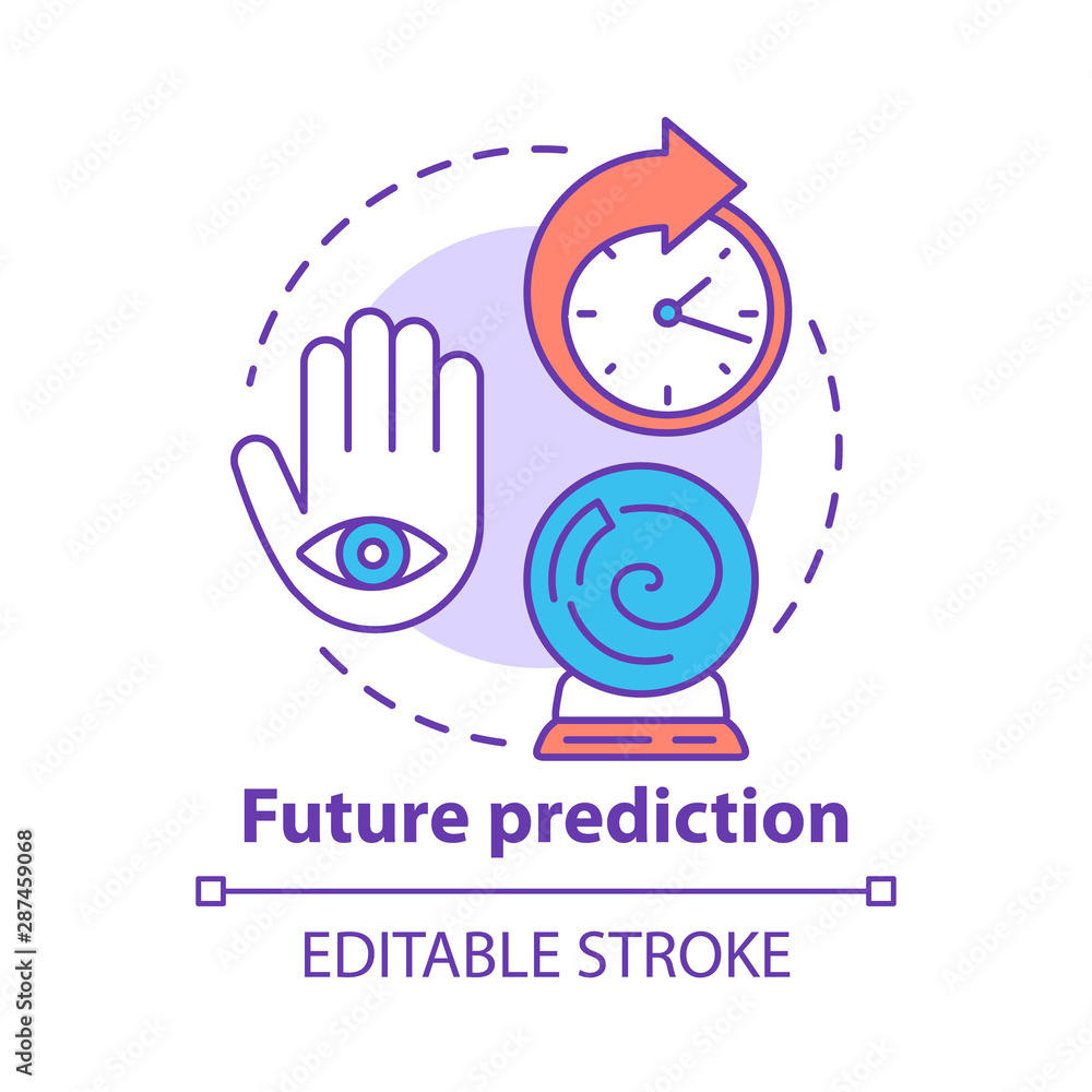 Future prediction concept icon. Fortune telling service. Divination and  occultism idea thin line illustration. Crystal ball, palm with eye and  clock vector isolated outline drawing. Editable stroke Stock Vector | Adobe  Stock