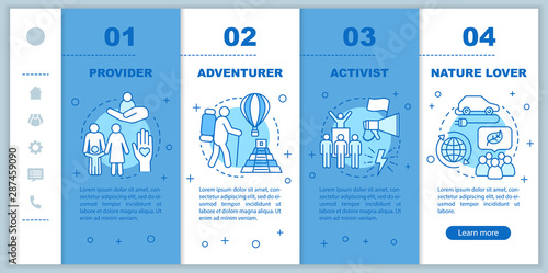 Lifestyle types onboarding mobile web pages vector template. Nature lover. Responsive smartphone website interface idea with linear illustrations. Webpage walkthrough step screens. Color concept