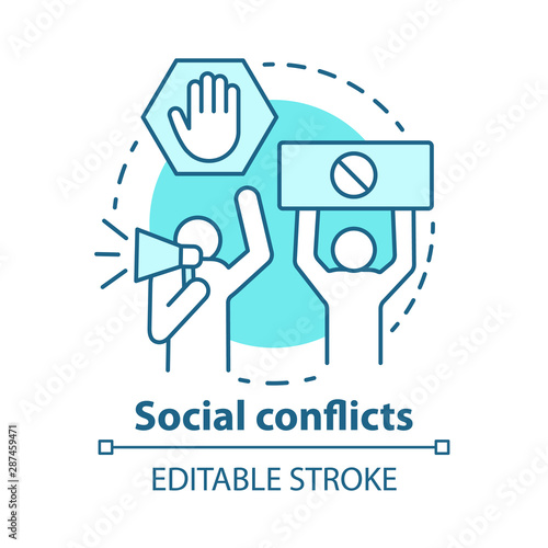 Social conflicts and disputes concept icon. Antisocial behaviour, violence and unrest idea thin line illustration. Riot, strike, civil protest. Vector isolated outline drawing. Editable stroke