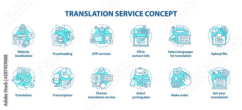 Translation service blue concept icons set. Foreign language translation idea thin line illustrations. DTP services and proofreading. Upload file. Vector isolated outline drawings. Editable stroke photo