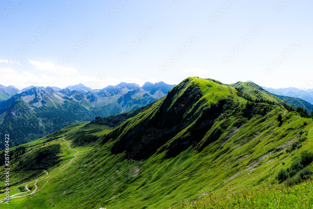 Panorama view on mountain landscapes at Fellhorn peak, Germany.