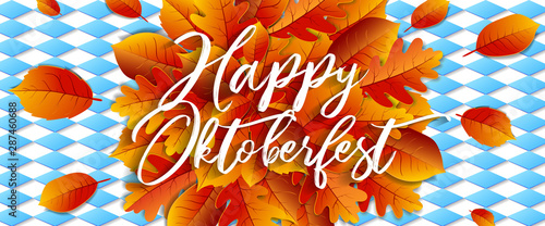 Oktoberfest banner design. Oktoberfest blue background with leaves. Vector EPS10