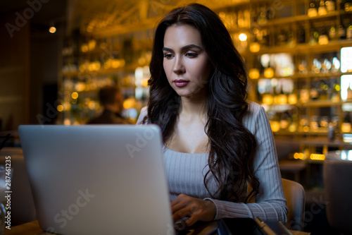 Gorgeous woman entrepreneur reading information on web site via laptop computer while sitting in restaurant 