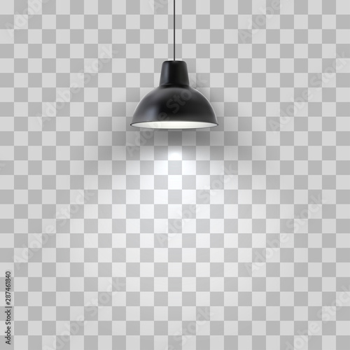 Vector realistic black ceiling lamp isolated on transparent background.